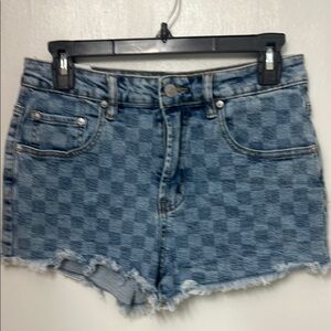 Almost Famous checkered denim shorts, frayed edges, size 9, high waisted, EUC